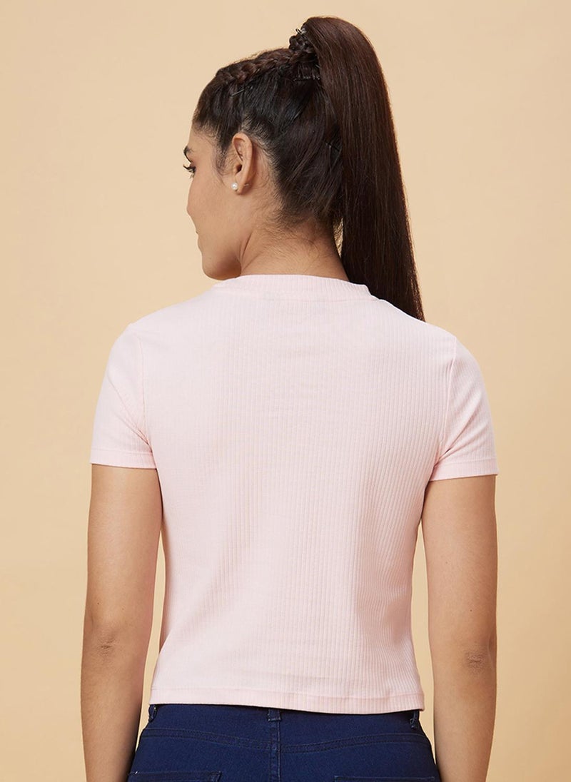 Globus Women's Pink Self Design Metal Trim Casual Top with Round Neck and Cut-Out Detail - Image 4