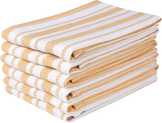 FARMHOUSE VINTAGE KITCHEN DISH TOWEL 6 PACK DISH CLOTHS BAR TOWELS TEA TOWELS AND CLEANING TOWEL HIGHLY ABSORBENT AND QUICK DRY KITCHEN TOWEL WITH HANGING LOOP 16X26 INCH MUSTARD YELLOW WHITE