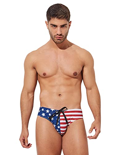 F plus R Mens USA Flag Stars Low Rise Swimwear Bikini Briefs Beach Swimsuit Blue Large - Image 2