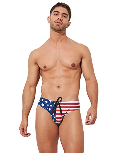 F plus R Mens USA Flag Stars Low Rise Swimwear Bikini Briefs Beach Swimsuit Blue Large - Image 1