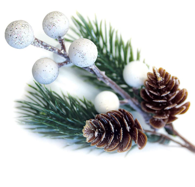 OLYPHAN White Christmas Berries/Berry Stems w. Pine Branches & Artificial Pine Cones/White Holly Spray/Wreath Picks for Winter Decor, Holiday Crafts, Xmas Decorations/Decorative Pick (Snow) - Image 1