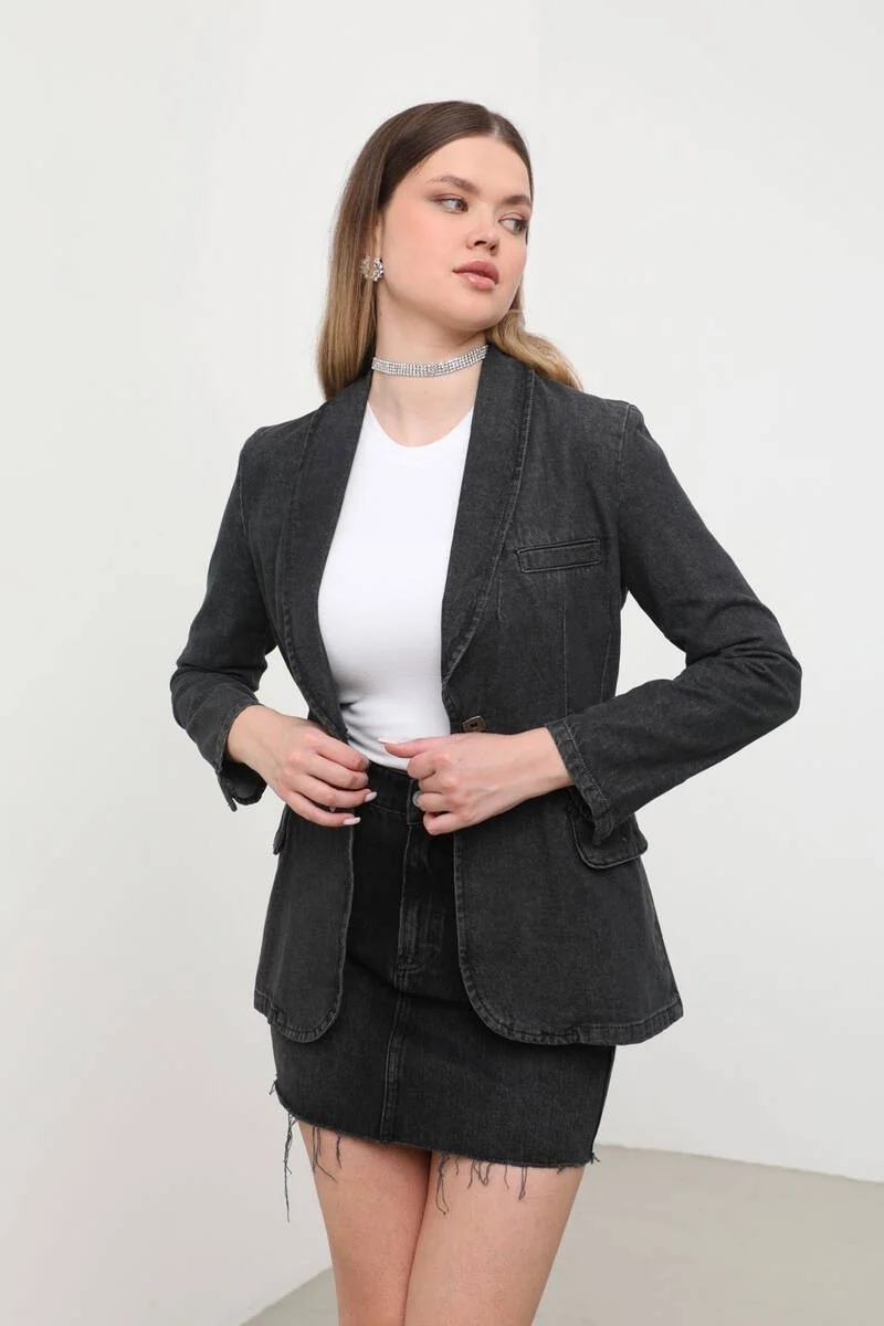 Banny Jeans Women's Long Sleeve Single Button Jean Jacket Anthracite