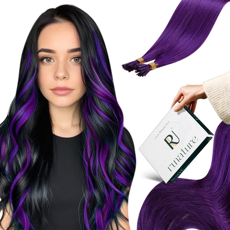RUNATURE I Tip Hair Extensions 16 Inch 20g 25s Purple Real Human Hair PreBonded Remy Extensions