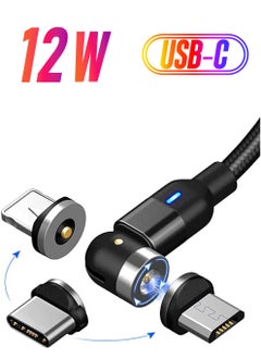 Charging Cable 360° & 180° Rotation Type Charging Cable, Nylon Braided Led Weak Magnet Charger Cable Fit for Micro Type-c iPhone Cable, Nylon and Thick Copper Core Black