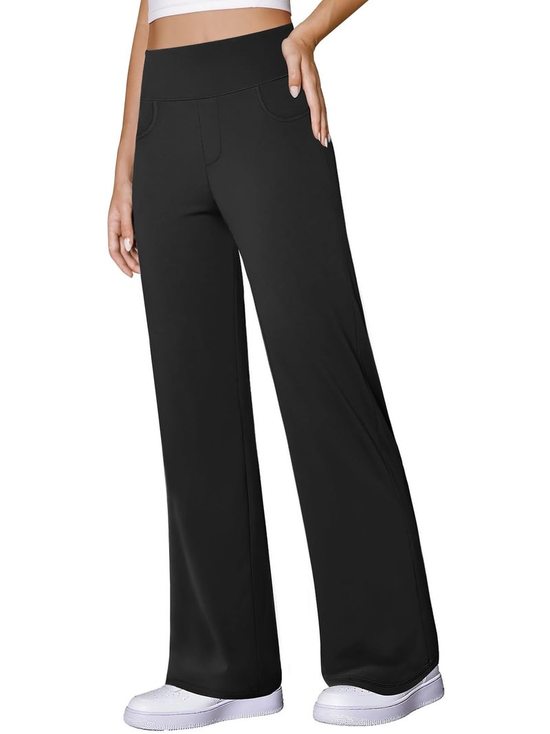 COPYLEAF Wide Leg Yoga Pants Women Stretch Dress Work Pants with Pockets Lounge Casual Sweatpants(Black L) - Image 1