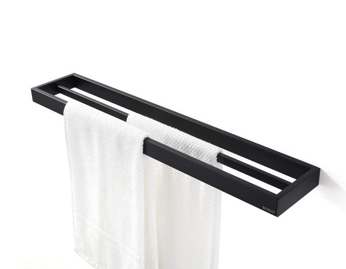 DOUBLE TOWEL BAR BLACK TOWEL SHELF 24 INCH HOTEL STYLE TOWEL HOLDER TOWEL RACKS FOR BATHROOM CONTEMPORARY BATH TOWEL BAR WALL MOUNTED MATTE BLACK 073080MB LER SERIES