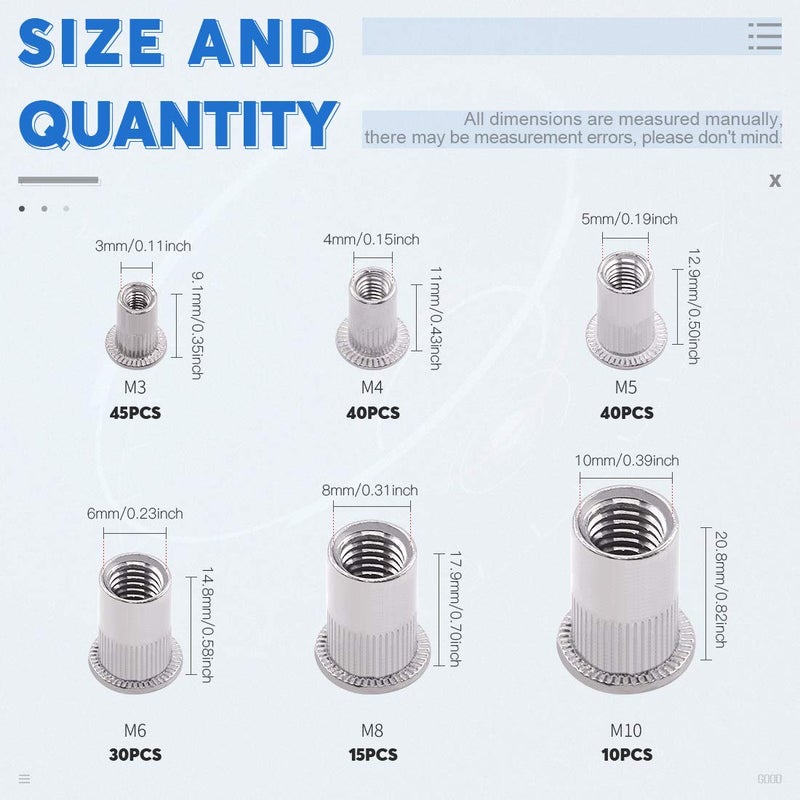 Glarks 180Pcs 304 Stainless Steel Flat Head Threaded Rivetnut Insert Nutsert Rivet Nut Assortment Kit - M3 M4 M5 M6 M8 M10 - Image 2