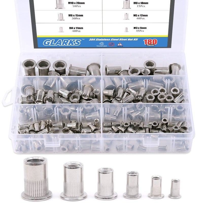 Glarks 180Pcs 304 Stainless Steel Flat Head Threaded Rivetnut Insert Nutsert Rivet Nut Assortment Kit - M3 M4 M5 M6 M8 M10 - Image 1