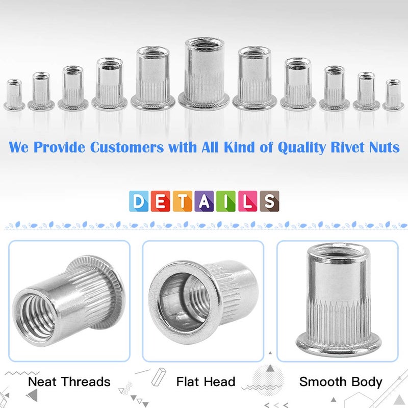 Glarks 180Pcs 304 Stainless Steel Flat Head Threaded Rivetnut Insert Nutsert Rivet Nut Assortment Kit - M3 M4 M5 M6 M8 M10 - Image 5
