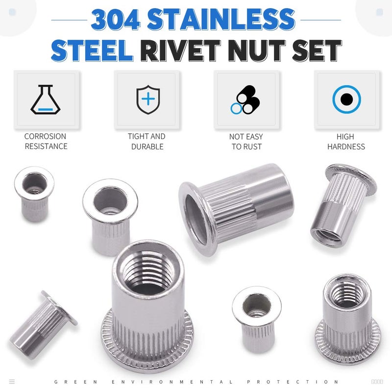 Glarks 180Pcs 304 Stainless Steel Flat Head Threaded Rivetnut Insert Nutsert Rivet Nut Assortment Kit - M3 M4 M5 M6 M8 M10 - Image 3