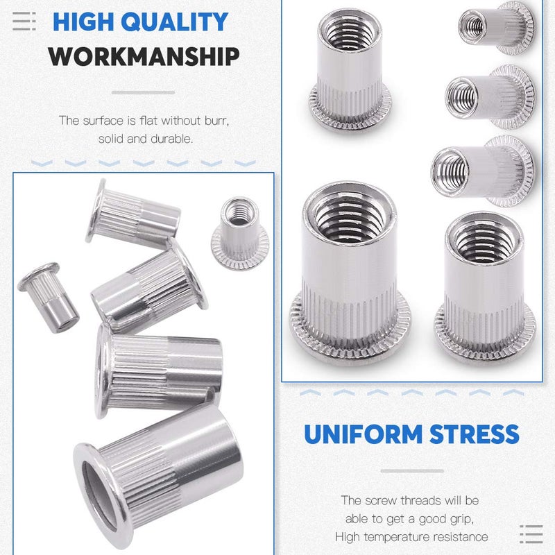 Glarks 180Pcs 304 Stainless Steel Flat Head Threaded Rivetnut Insert Nutsert Rivet Nut Assortment Kit - M3 M4 M5 M6 M8 M10 - Image 4