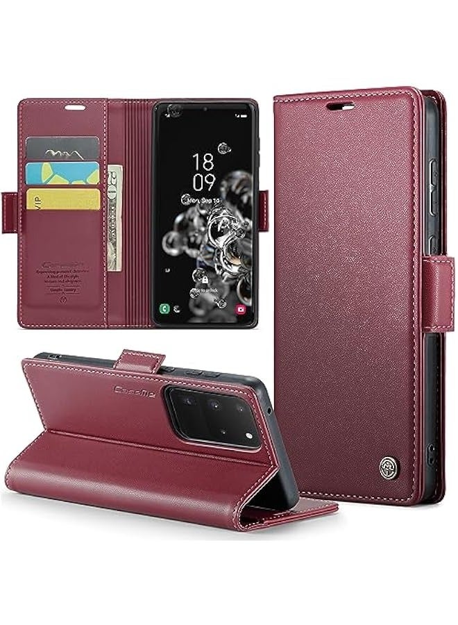 Samsung Galaxy S20 Ultra 5G Leather Wallet Case with RFID Blocking, Card Holder, and Magnetic Kickstand - Red - Image 1