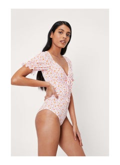 Ruched Floral Print Puff Sleeve Bodysuit