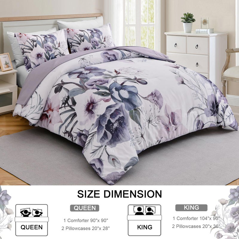 Drucon Floral Comforter Set Queen Size 3 Piece Purple Floral Bed in a Bag, Soft Microfiber Bedding Set for All Season (Purple, 90"x90") - Image 5