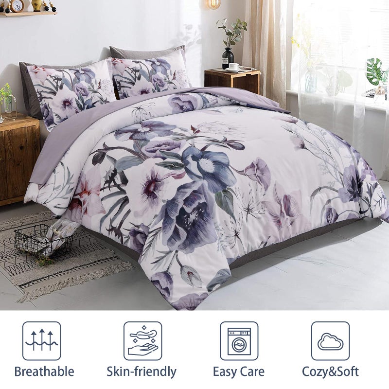 Drucon Floral Comforter Set Queen Size 3 Piece Purple Floral Bed in a Bag, Soft Microfiber Bedding Set for All Season (Purple, 90"x90") - Image 2