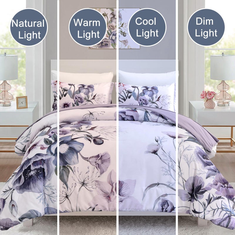 Drucon Floral Comforter Set Queen Size 3 Piece Purple Floral Bed in a Bag, Soft Microfiber Bedding Set for All Season (Purple, 90"x90") - Image 4