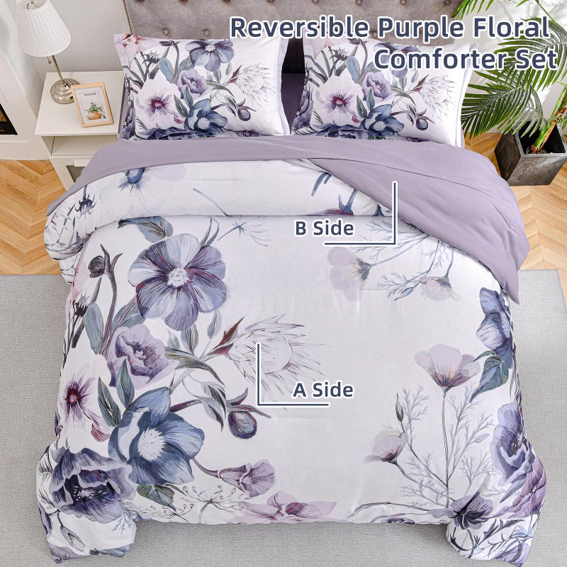 Drucon Floral Comforter Set Queen Size 3 Piece Purple Floral Bed in a Bag, Soft Microfiber Bedding Set for All Season (Purple, 90"x90") - Image 3