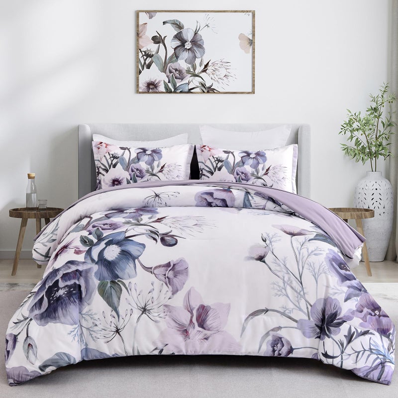 Drucon Floral Comforter Set Queen Size 3 Piece Purple Floral Bed in a Bag, Soft Microfiber Bedding Set for All Season (Purple, 90"x90") - Image 1