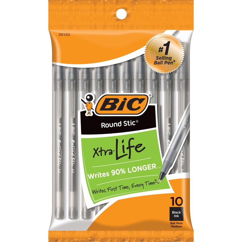 BIC Round Stic Xtra Life Black Ballpoint Pens, Medium Point (1.0mm), 10-Count Pack of Bulk Pens, Flexible Round Barrel for Writing Comfort, No. 1 Selling Ballpoint Pens - Image 1