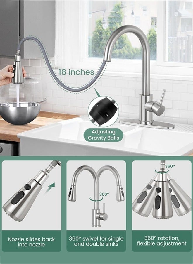 YelaJoy Kitchen Faucet Mixer with Pull Down Sprayer Brushed Nickel, Kitchen Tap with 3 Water Modes for Sink, Single Handle High Arc Kitchen Faucets Stainless Steel - Image 3