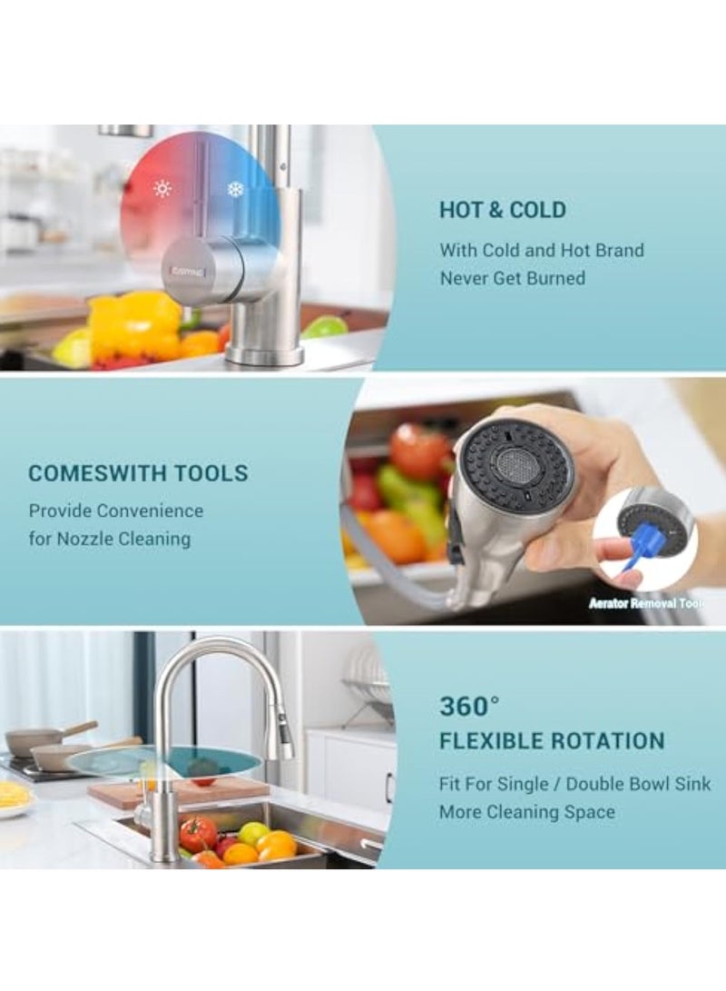 YelaJoy Kitchen Faucet Mixer with Pull Down Sprayer Brushed Nickel, Kitchen Tap with 3 Water Modes for Sink, Single Handle High Arc Kitchen Faucets Stainless Steel - Image 4