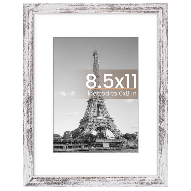 upsimples upsimples 8.5 By 11 Picture Frame  Display Pictures 6x8 with Mat or 8.5 x 11 Without  Wall Hanging Photo Frames  Rustic White  1 Pack - Image 1