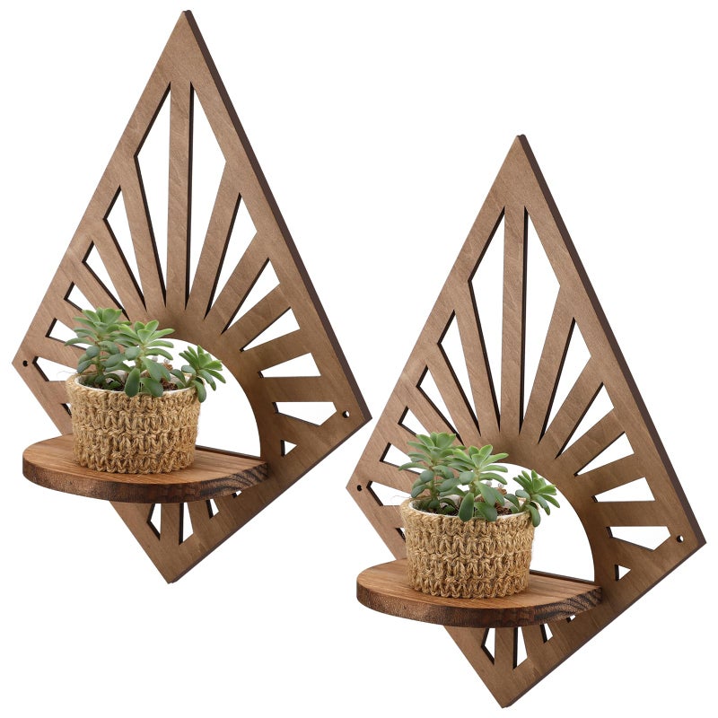 Menkxi 2 Pcs Boho Wall Shelf Mid Century Modern Shelf Wooden Rainbow Floating Shelves Brown Decorative Plant Wall Shelves Natural Vintage Hanging Holder for Nursery Living Room Decor(Diamond) - Image 1