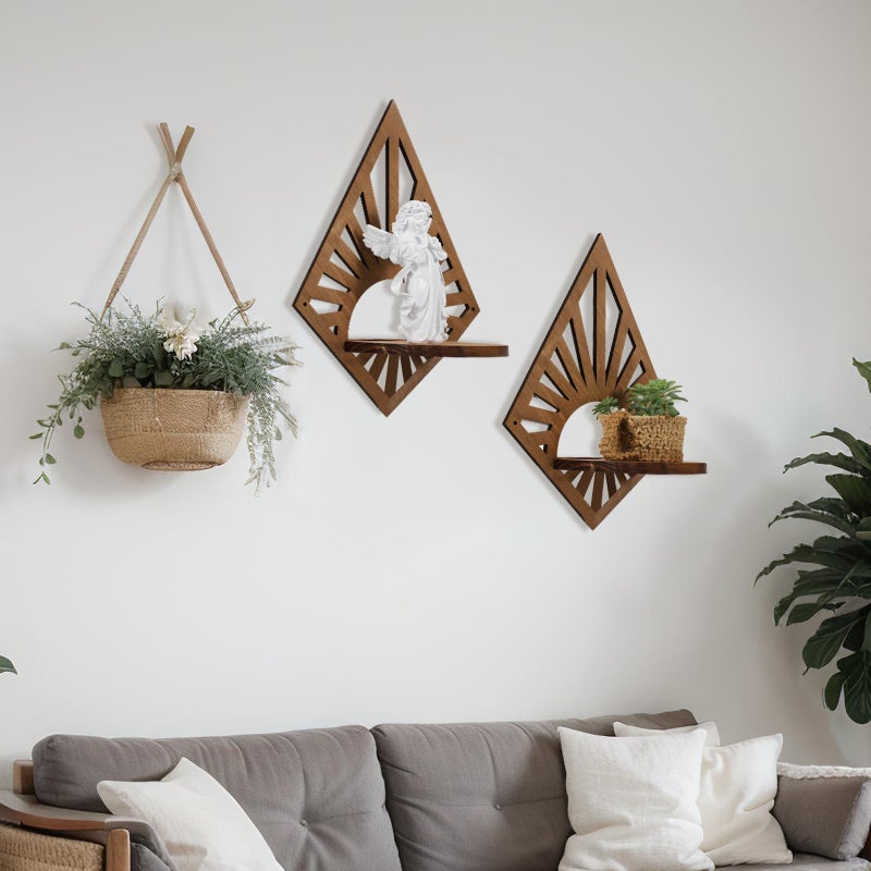 Menkxi 2 Pcs Boho Wall Shelf Mid Century Modern Shelf Wooden Rainbow Floating Shelves Brown Decorative Plant Wall Shelves Natural Vintage Hanging Holder for Nursery Living Room Decor(Diamond) - Image 4