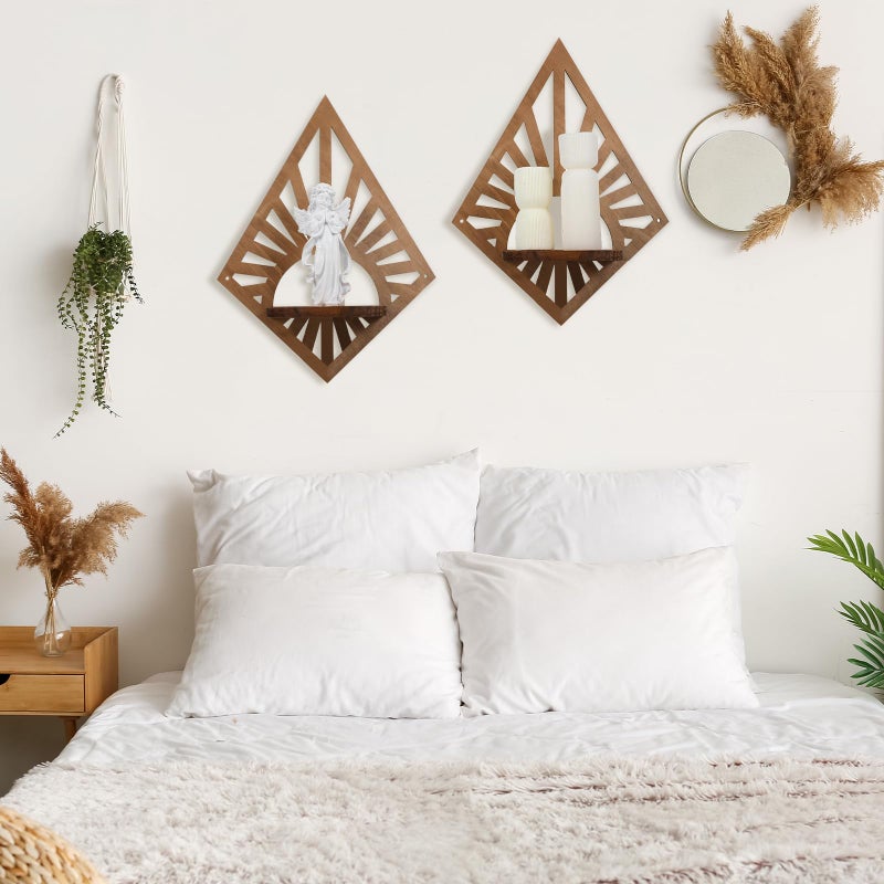 Menkxi 2 Pcs Boho Wall Shelf Mid Century Modern Shelf Wooden Rainbow Floating Shelves Brown Decorative Plant Wall Shelves Natural Vintage Hanging Holder for Nursery Living Room Decor(Diamond) - Image 3