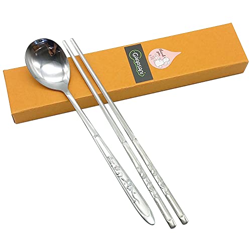 GARASANI Korean Traditional Cutlery Stainless Steel Spoons and Chopsticks Set Silver Plum blossom