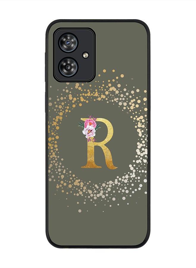 Stylizedd Rugged Black Case for Motorola Moto G54 / Motorola Moto G54 Power / Motorola Moto G64 5G,Custom Monogram Letter Floral Alphabet - R(Olive Green) - Image 1