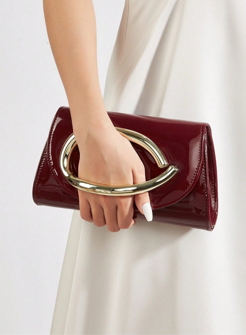 Women's Burgundy Evening Bag with Elegant Gold Metal Handle - Image 1