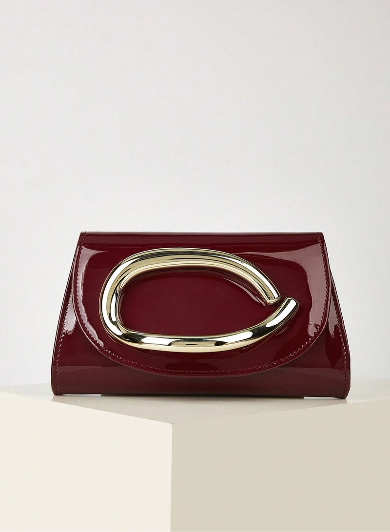 Women's Burgundy Evening Bag with Elegant Gold Metal Handle - Image 2
