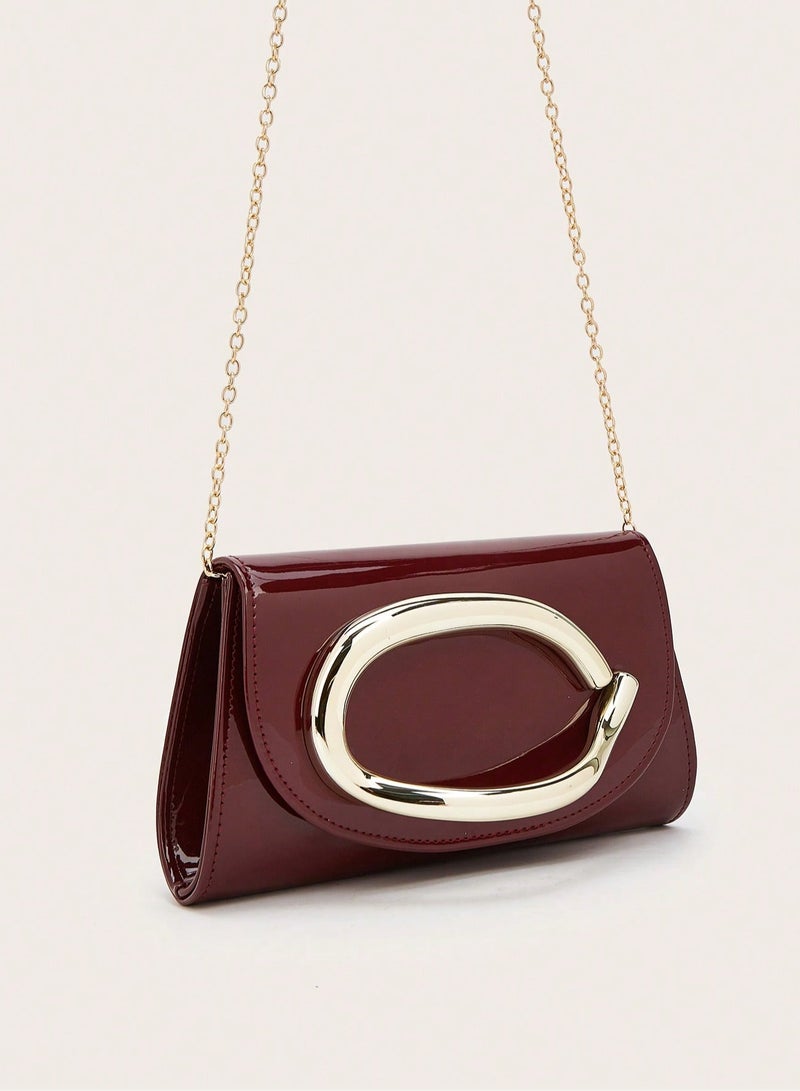 Women's Burgundy Evening Bag with Elegant Gold Metal Handle - Image 3