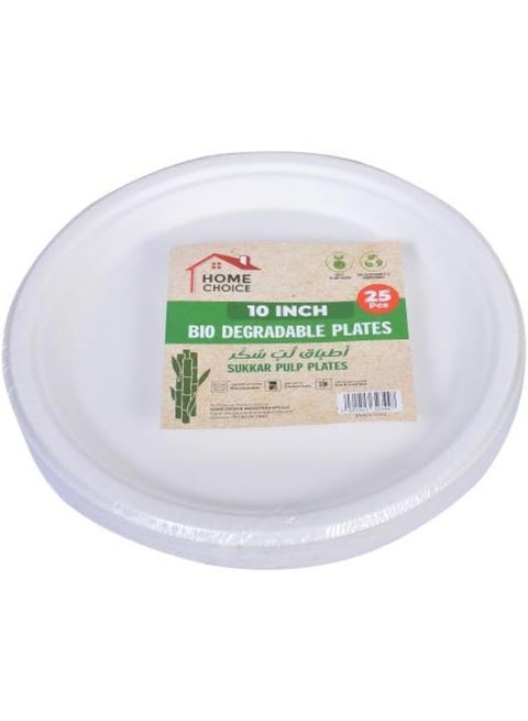 25-Pieces, 10 inch Diameter Plate, Disposable Round Sugar Cane Plate