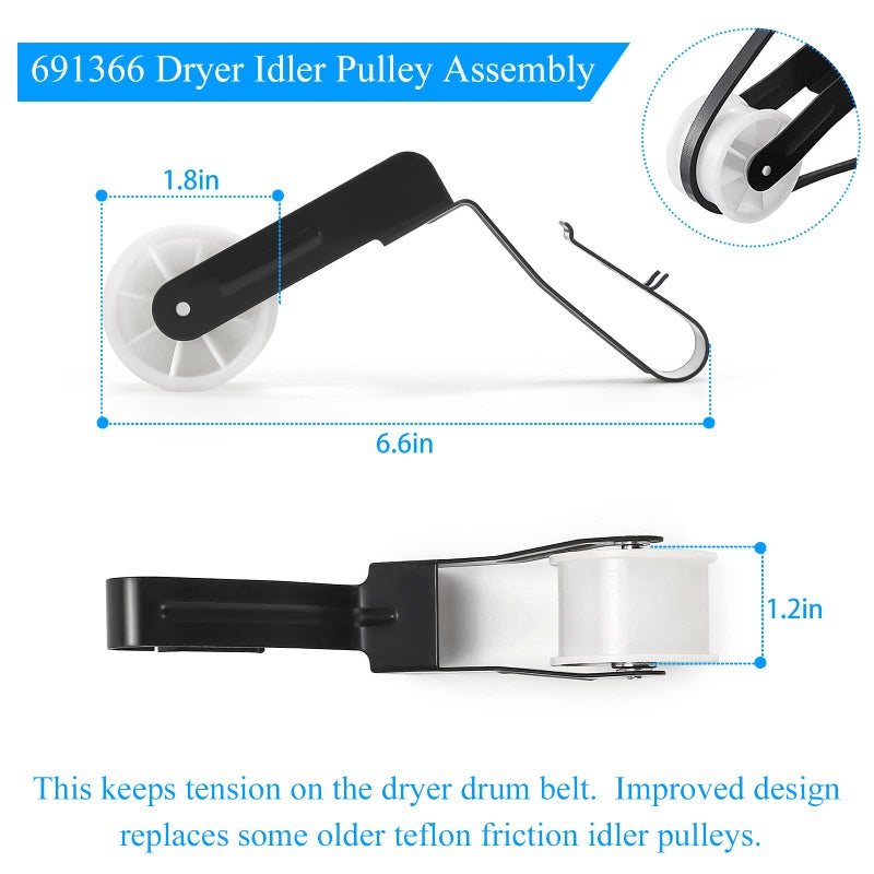 طقم صيانة وإصلاح المجفف 4392065 من Funmit - متوافق مع مجفف عريض Whirlpool Kenmore Amana Maytag مقاس 29 بوصة - تتضمن الحزمة حزام الأسطوانة وبكرة المهمل - الجودة الأصلية - Image 3