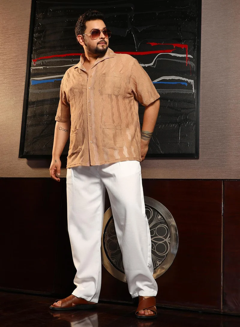Instafab Plus Instafab Plus Men's Sand Beige Swirl Open-Knit Shirt For Casual Wear | Spread Collar | Short Regular Sleeves | Button Closure | Plus Size Shirt Crafted With Comfort Fit For Everyday Wear