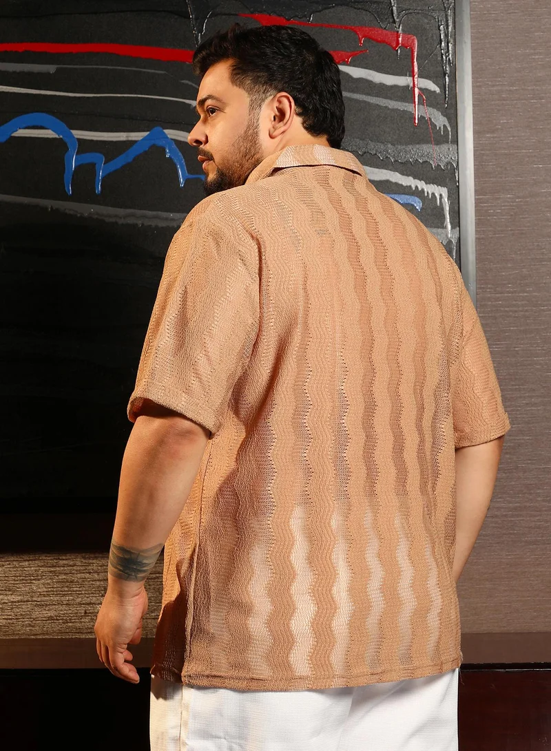 Instafab Plus Instafab Plus Men's Sand Beige Swirl Open-Knit Shirt For Casual Wear | Spread Collar | Short Regular Sleeves | Button Closure | Plus Size Shirt Crafted With Comfort Fit For Everyday Wear