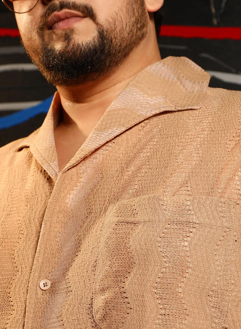 Instafab Plus Instafab Plus Men's Sand Beige Swirl Open-Knit Shirt For Casual Wear | Spread Collar | Short Regular Sleeves | Button Closure | Plus Size Shirt Crafted With Comfort Fit For Everyday Wear