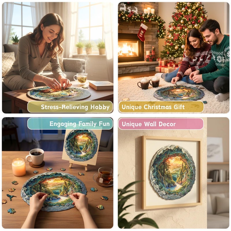 Jollitot 300 Pieces Wooden Puzzles, 3D Cave Forest Puzzle, Unique Animal Shaped Wood Challenging Jigsaw Puzzles Ideal for Adults, Premium Wood Gift Box 13.4x13.3in - Image 4