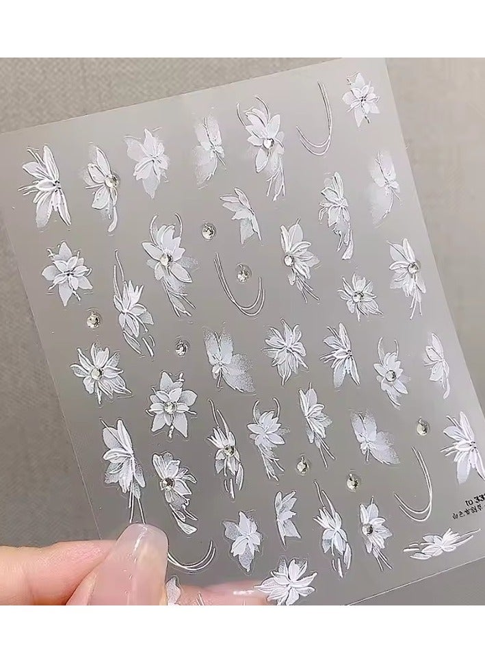 Goolsky 5D White Flower Nail Art Stickers INS Flower with pearl rhinestone Nail Decals Kawaii Rose Ribbon Nail Sticker  - Image 1