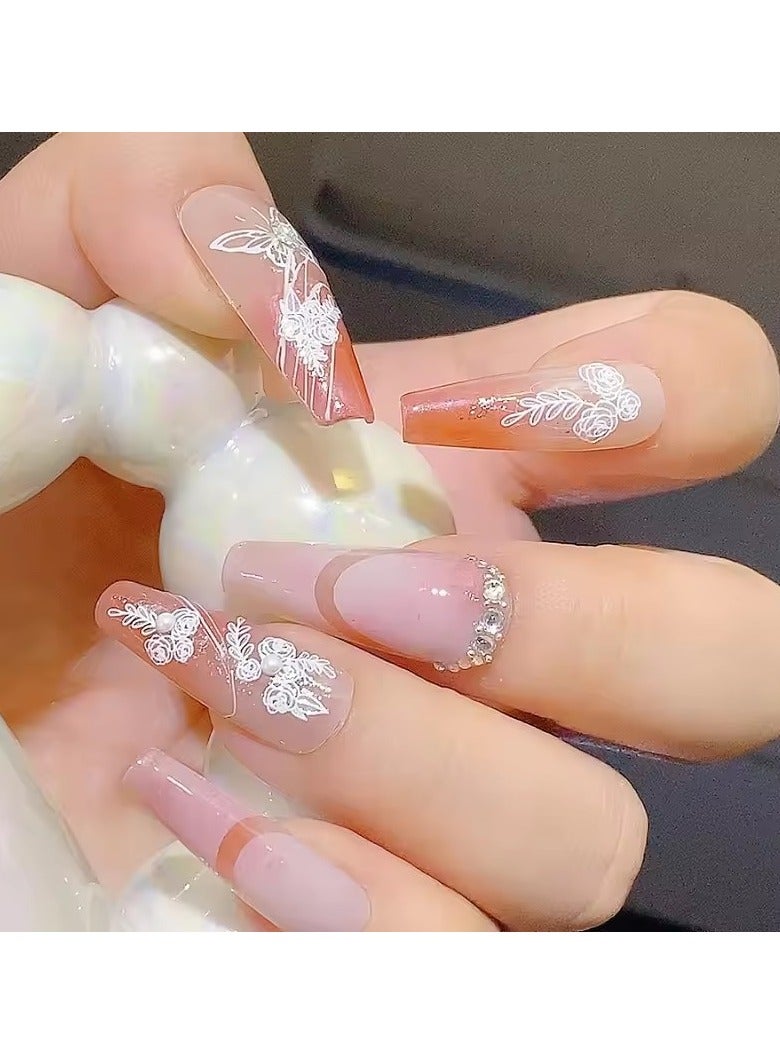 Goolsky 5D White Flower Nail Art Stickers INS Flower with pearl rhinestone Nail Decals Kawaii Rose Ribbon Nail Sticker  - Image 2