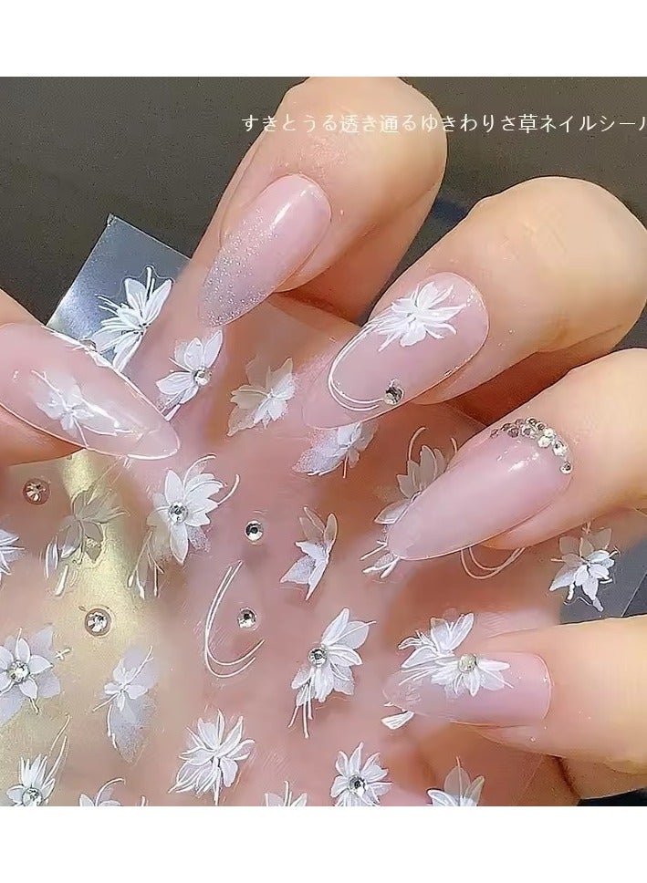 Goolsky 5D White Flower Nail Art Stickers INS Flower with pearl rhinestone Nail Decals Kawaii Rose Ribbon Nail Sticker  - Image 3