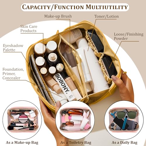 STRAPVILLA Makeup Organizer Bag for Women – Large Waterproof Makeup Pouch Bag with Wide Opening – Travel Pouches for Women, Cosmetic Organizer Bag, Makeup Kit Bag for Travel & Daily Use - Yellow - Image 4