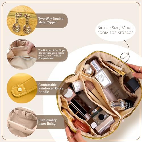 STRAPVILLA Makeup Organizer Bag for Women – Large Waterproof Makeup Pouch Bag with Wide Opening – Travel Pouches for Women, Cosmetic Organizer Bag, Makeup Kit Bag for Travel & Daily Use - Yellow - Image 3