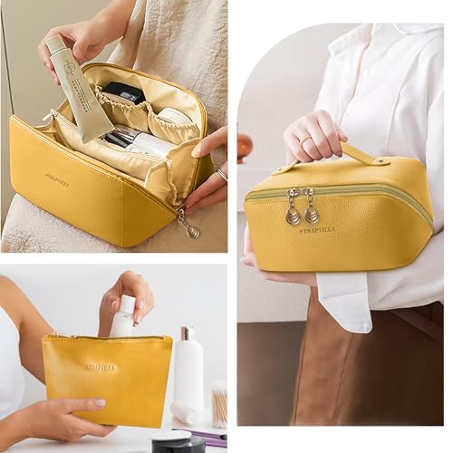 STRAPVILLA Makeup Organizer Bag for Women – Large Waterproof Makeup Pouch Bag with Wide Opening – Travel Pouches for Women, Cosmetic Organizer Bag, Makeup Kit Bag for Travel & Daily Use - Yellow - Image 5