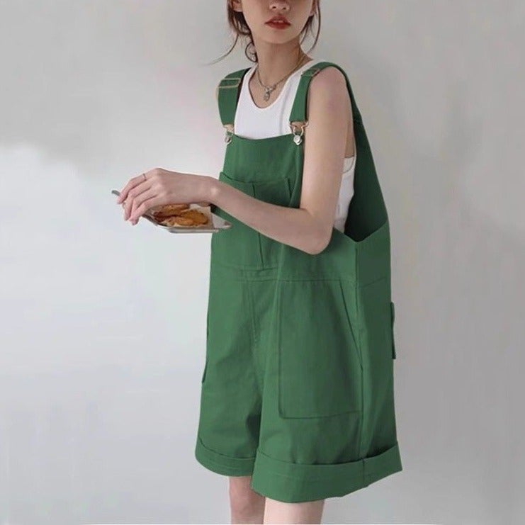 Strap Cotton khaki Work Strap Womens Summer Loose Straight High Waist Casual Wide-leg Shorts Trendy Green - Image 1