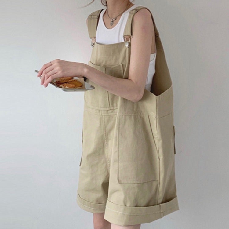 Strap Cotton khaki Work Strap Womens Summer Loose Straight High Waist Casual Wide-leg Shorts Trendy Green - Image 5