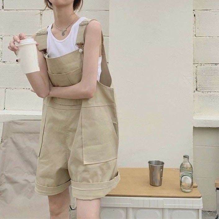 Strap Cotton khaki Work Strap Womens Summer Loose Straight High Waist Casual Wide-leg Shorts Trendy Green - Image 2