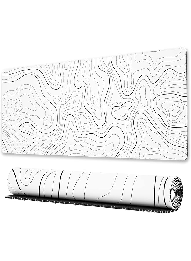 erorex Large Gaming Mouse Pad With Stitched Edges Minimalist Topographic Map Desk Mat Extended Xl Mousepad With Anti Slip Base Cool Desk Pad For Keyboard And Mouse 31.5 X 11.8 In White - Image 1